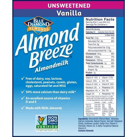 How many calories are in almondmilk - unsweetened vanilla - calories, carbs, nutrition