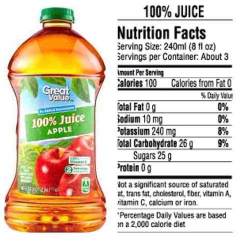 How many calories are in apple juice 100% - calories, carbs, nutrition