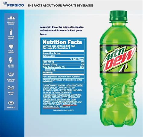 How many calories are in beverages, pepsico, mountain dew original - calories, carbs, nutrition