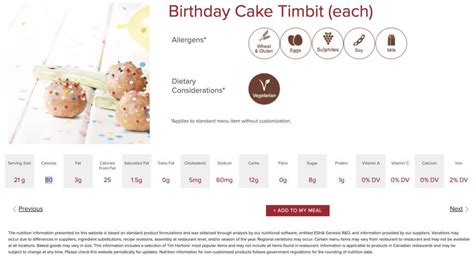 How many calories are in birthday cake timbit - calories, carbs, nutrition