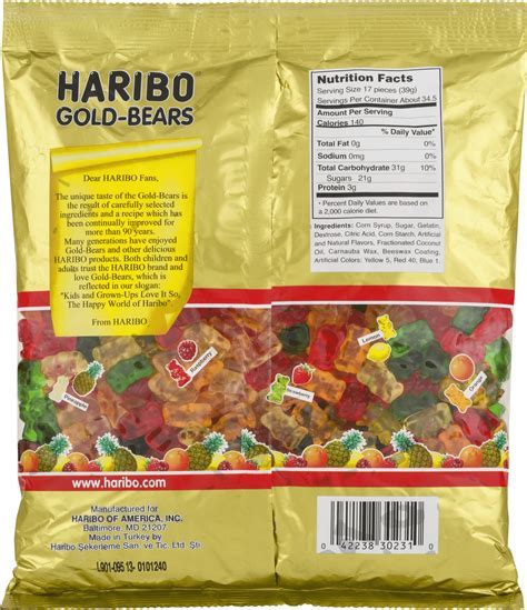 How many calories are in candy, gummi, gold-bears, haribo - calories, carbs, nutrition