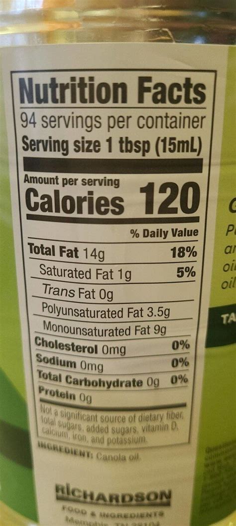 How many calories are in canola oil - calories, carbs, nutrition