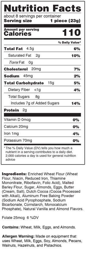 How many calories are in chocolate almond biscotti - calories, carbs, nutrition