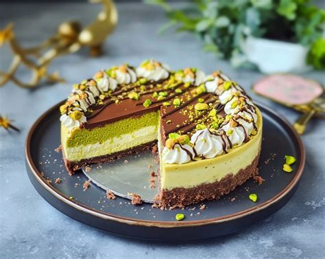 How many calories are in chocolate cheesecake w/ pistachio crust - calories, carbs, nutrition