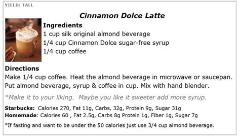 How many calories are in cinnamon dolce latte with sugar free syrup - tall - 2% milk - calories, carbs, nutrition