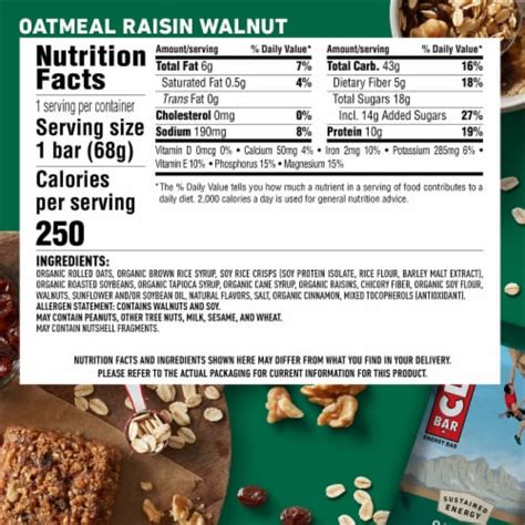 How many calories are in energy bar - oatmeal raisin walnut - calories, carbs, nutrition