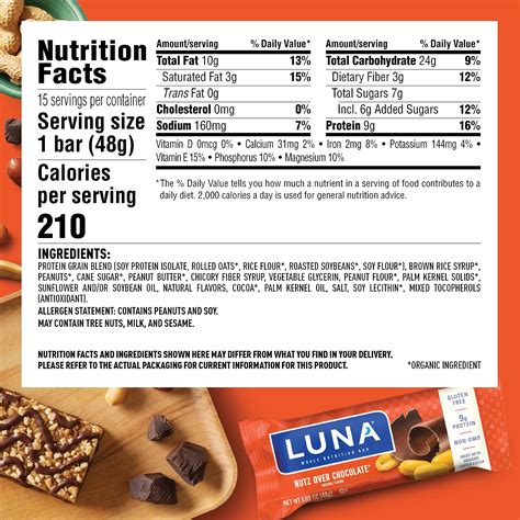 How many calories are in formulated bar, luna bar, nutz over chocolate - calories, carbs, nutrition