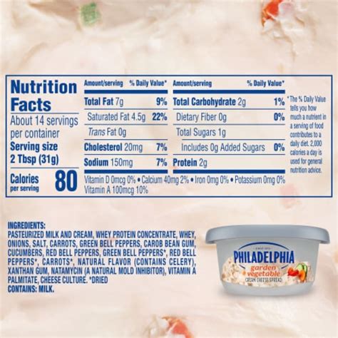 How many calories are in garden vegetable cream cheese - calories, carbs, nutrition