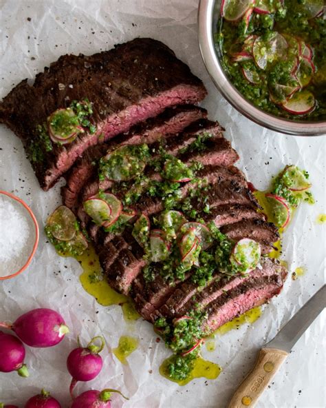 How many calories are in grilled flank steak, chimichurri, roasted potatoes, haricot vert - calories, carbs, nutrition