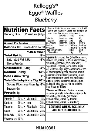 How many calories are in kellogg's, eggo, waffles, blueberry - calories, carbs, nutrition