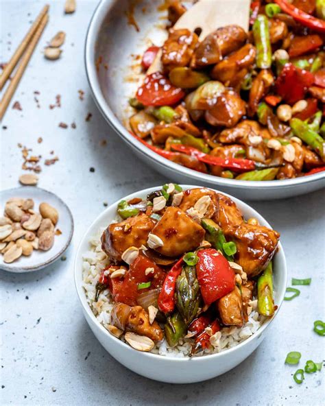 How many calories are in kung pao chicken over coconut-peanut rice and gingered snow peas - calories, carbs, nutrition