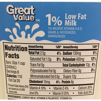 How many calories are in milk, 1% low fat - calories, carbs, nutrition