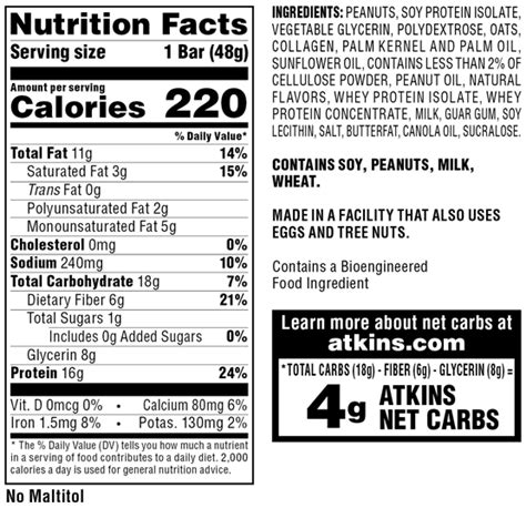 How many calories are in peanut butter meal bar - calories, carbs, nutrition