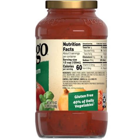 How many calories are in prego pasta, organic mushroom italian sauce, ready-to-serve - calories, carbs, nutrition