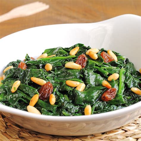 How many calories are in sauteed spinach with pine nuts and golden raisins - calories, carbs, nutrition