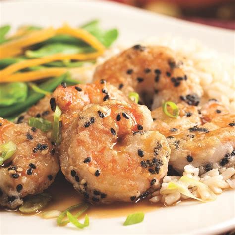 How many calories are in sesame-orange shrimp with asian fried rice and stir-fried sugar snap peas - calories, carbs, nutrition