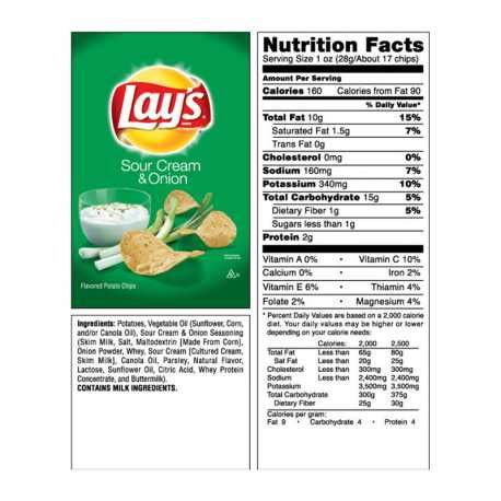 How many calories are in snacks, potato chips, sour-cream-and-onion-flavor - calories, carbs, nutrition