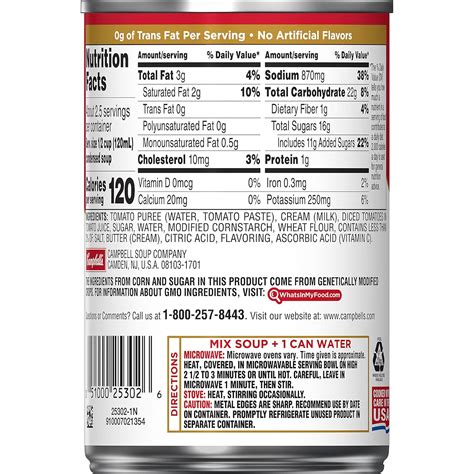 How many calories are in soup tomato basil campbells 6 oz - calories, carbs, nutrition