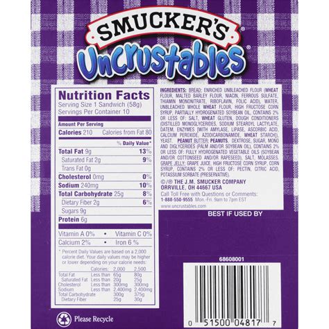 How many calories are in uncrustable peanut butter and jelly - calories, carbs, nutrition