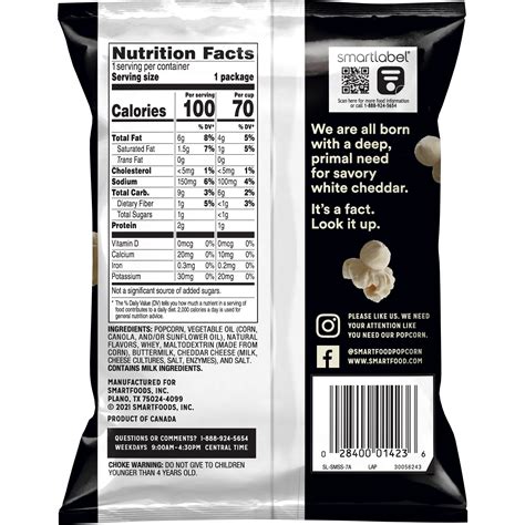 How many calories are in white cheddar popcorn - calories, carbs, nutrition