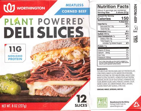 How many calories are in worthington meatless corned beef roll, frozen, unprepared - calories, carbs, nutrition