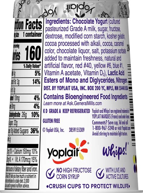 How many calories are in yogurt whips - chocolate - calories, carbs, nutrition