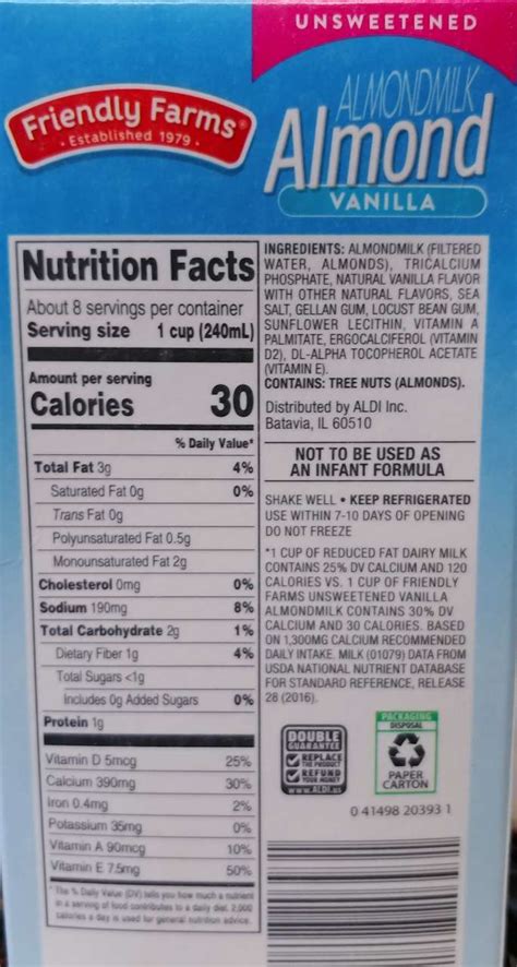 How many carbs are in almondmilk - unsweetened vanilla - calories, carbs, nutrition