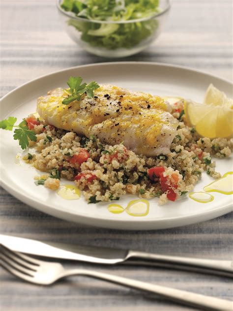 How many carbs are in baked lemon cod with whole wheat couscous and green beans with lemon and garlic - calories, carbs, nutrition