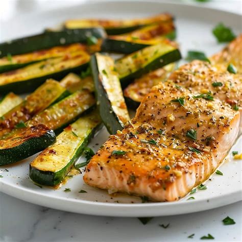 How many carbs are in baked salmon with baby zucchini and squash salad - calories, carbs, nutrition