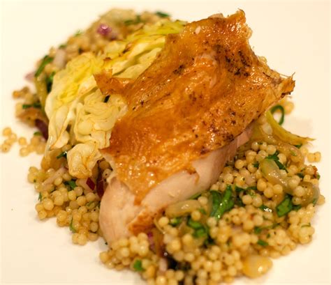 How many carbs are in blackened chicken with israel couscous roast butternut squash with preserved lemon, herb roasted tom - calories, carbs, nutrition