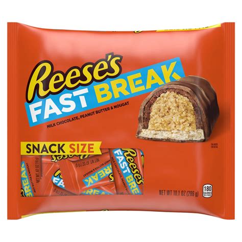 How many carbs are in candies, reese's fast break, milk chocolate, peanut butter, soft nougats, candy bar - calories, carbs, nutrition