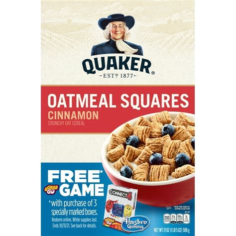 How many carbs are in cereals ready-to-eat, quaker, oatmeal squares, cinnamon - calories, carbs, nutrition