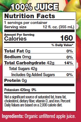 How many carbs are in natural juice fresh fuji apple 12 oz - calories, carbs, nutrition