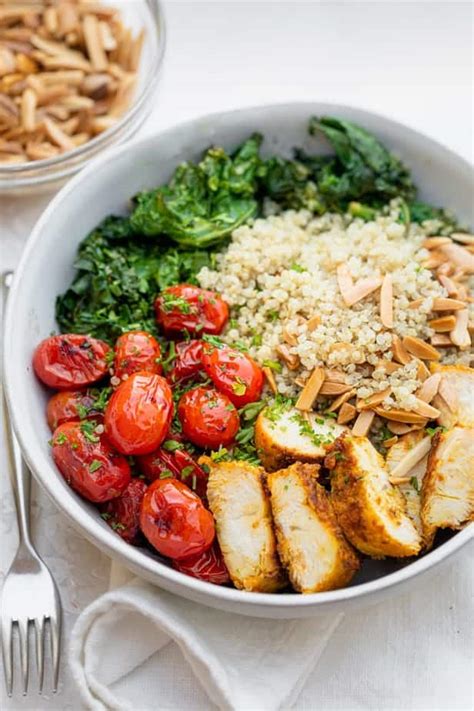 How many carbs are in pan seared quinoa chicken breast with lentil wild rice salad, cooked chard, and walnut vinaigrette - calories, carbs, nutrition