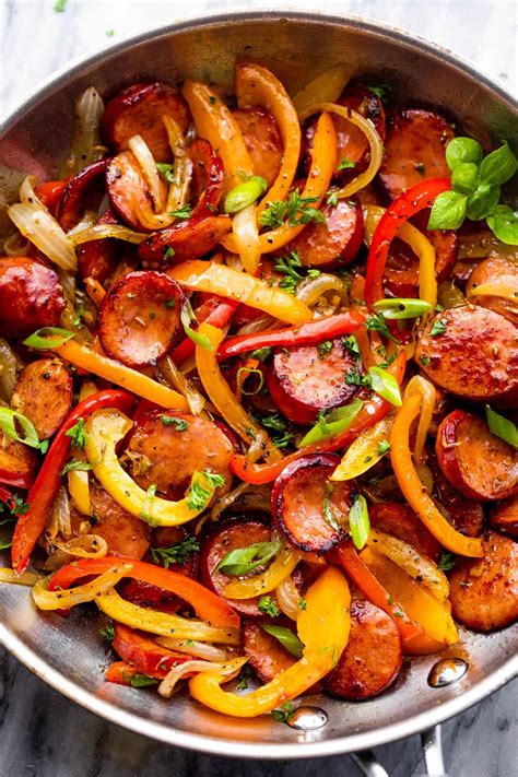 How many carbs are in smoked kielbasa- peppers and onions - calories, carbs, nutrition