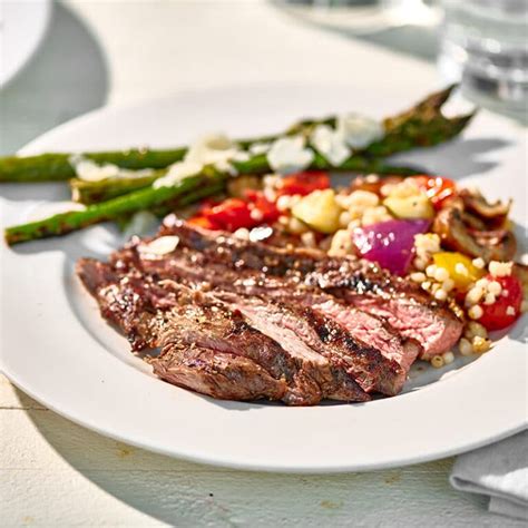 How many protein are in blackberry balsamic skirt steak with roasted asparagus smashed potatoes - calories, carbs, nutrition