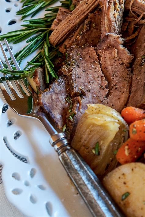 How many protein are in brisket pot roast with rosemary potatoes and brussels sprouts with bacon - calories, carbs, nutrition