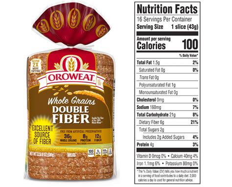 How many protein are in double fiber bread - calories, carbs, nutrition