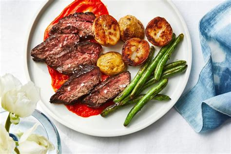 How many protein are in hanger steak and roasted sweet potatoes - calories, carbs, nutrition