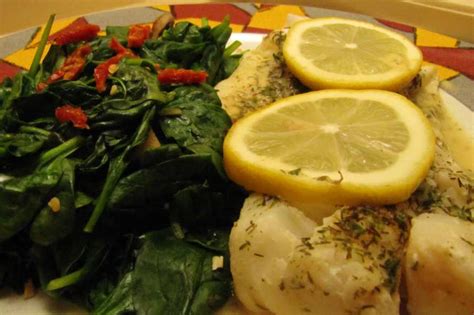 How many protein are in lemon dill cod with mustard sauce and garlic wilted spinach - calories, carbs, nutrition