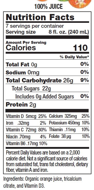 How many protein are in orange juice with calcium, vitamin d & pulp - calories, carbs, nutrition