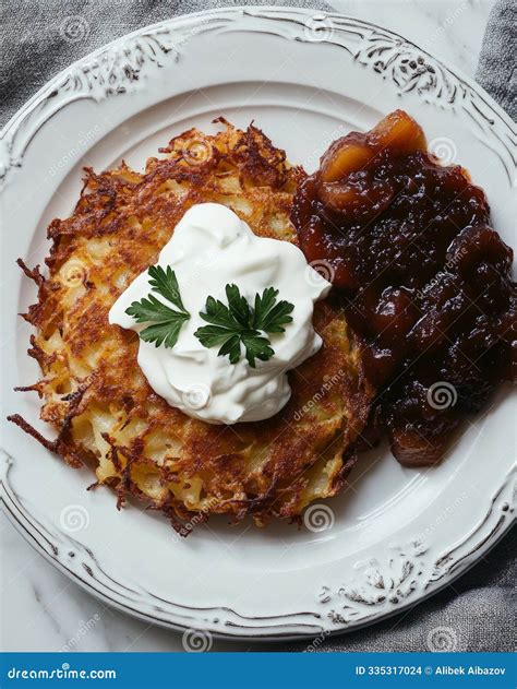 How many protein are in potato pancakes with sour cream and honey apricot compote - calories, carbs, nutrition