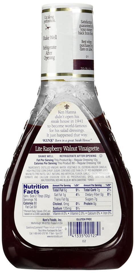 How many protein are in raspberry and walnut lite vinaigrette - calories, carbs, nutrition