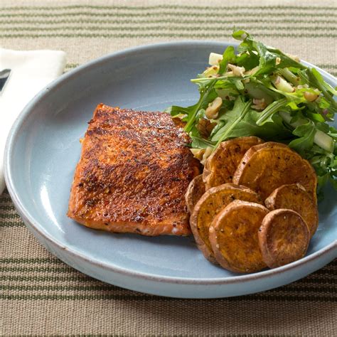 How many protein are in salmon bake with arugula salad and roasted sweet potatoes - calories, carbs, nutrition