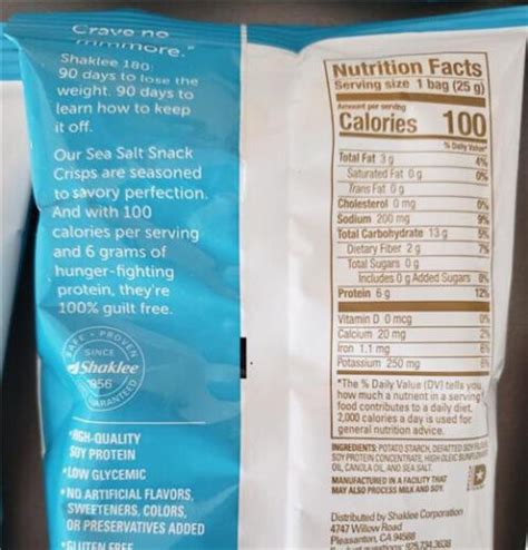 How many protein are in shaklee 180 snack crisps, sea salt - calories, carbs, nutrition