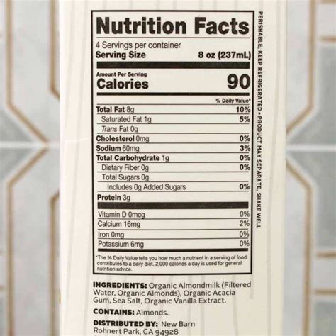 How many protein are in unsweetened vanilla - calories, carbs, nutrition