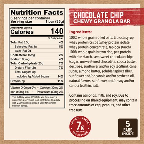 How many sugar are in chewy chocolate chip bar - calories, carbs, nutrition