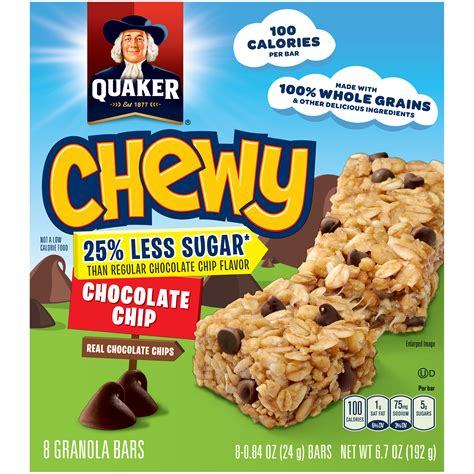 How many sugar are in granola bar - chewy, chocolate chip - calories, carbs, nutrition