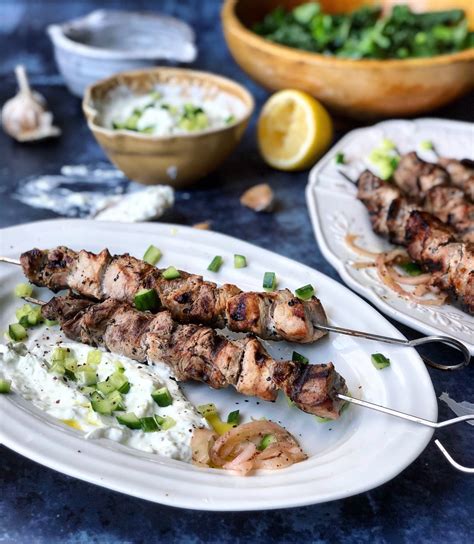 How many sugar are in grilled pork souvlaki with tzatziki & pita - calories, carbs, nutrition