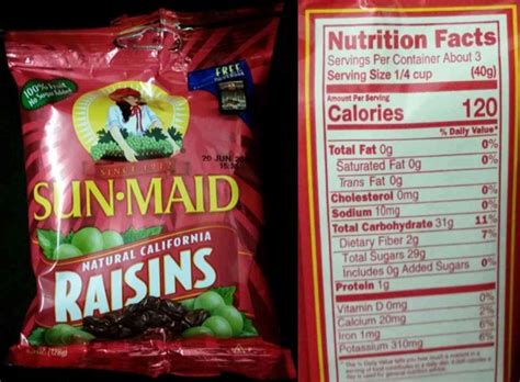 How many sugar are in packaged fruit - raisins - calories, carbs, nutrition